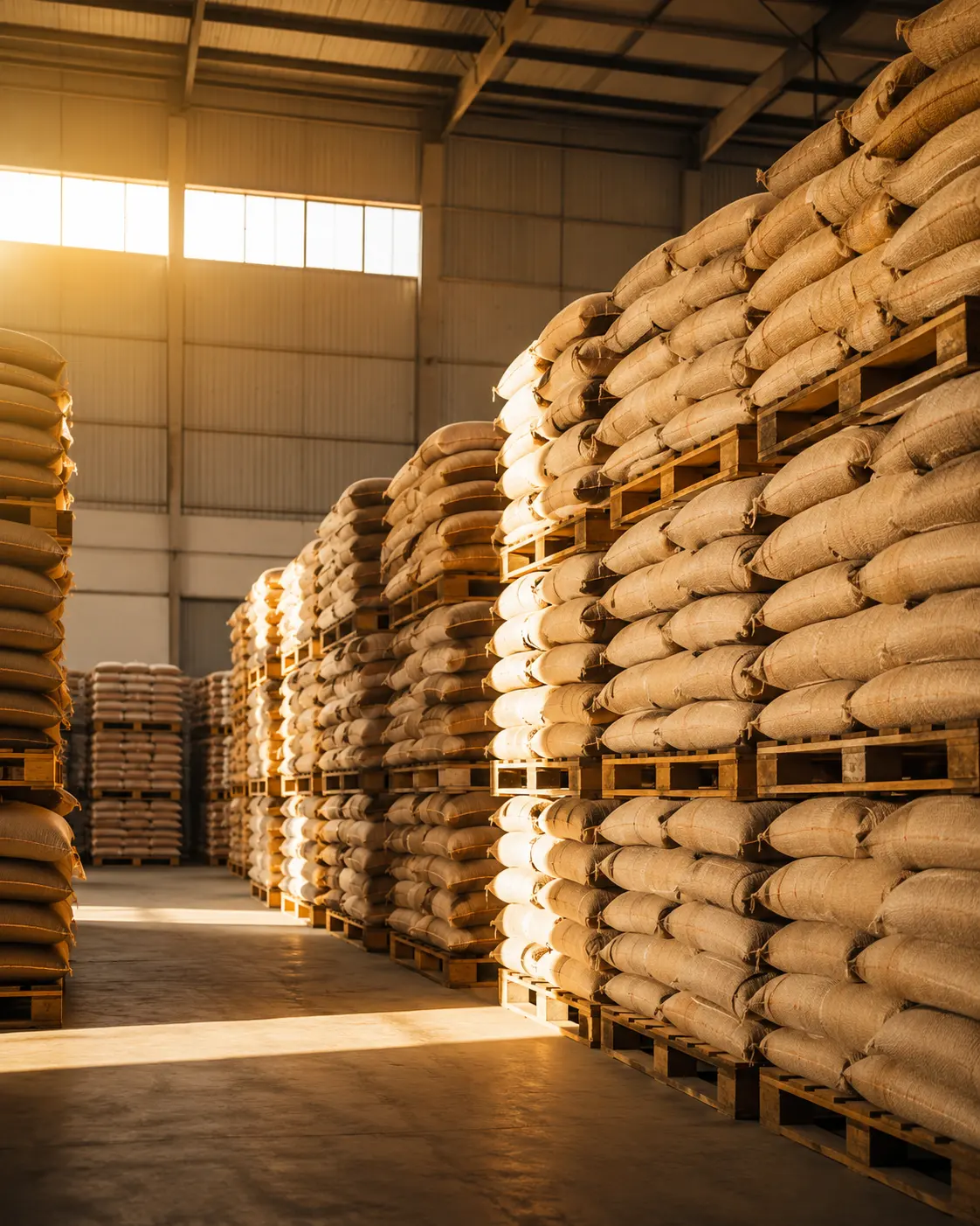 Sacks and pallets of food staples staged for institutional supply.
