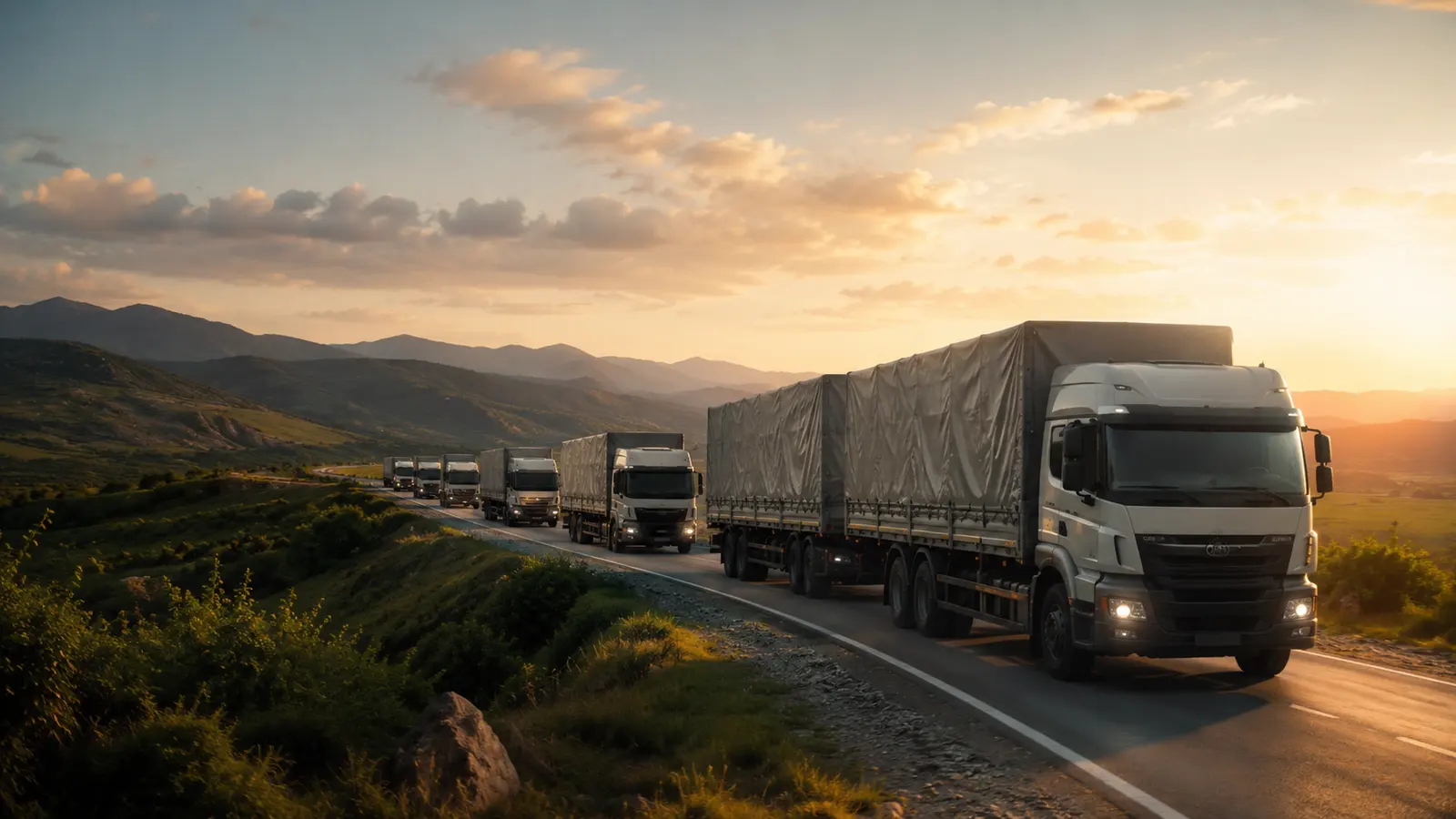 A convoy of supply trucks loaded with sacks of food staples, departing for delivery.